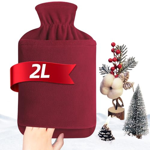 MUPAS Hot Water Bottle with Fleece Cover - 2L Large Leakproof Hot Water Bag - Soft Hot Water Bottle with Hand Pocket and Natural Rubber -for Hands, Feet, Shoulders, Neck, Abdomen, Legs (Red)