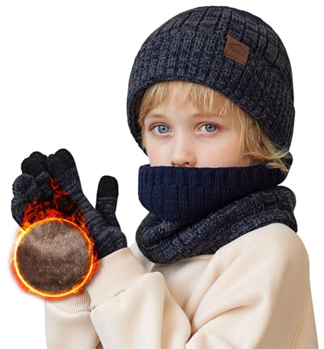 Wintermütze Kinder Schal Handschuhe 3PCs Fleece Gefüttert Beanie Strickmützen Warmem Mütze, Schal & Touchscree Handschuhe-Sets Verdicken Fleece Thermisch für Jungen Mädchen