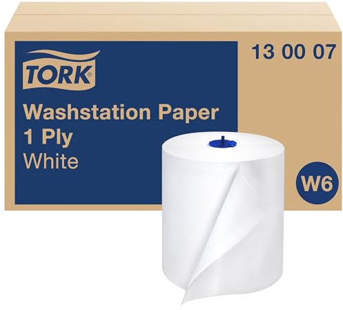Tork Papel Básico 1 Capa Blanco W6, Rollo de papel de secado en toalla, 6 x 250 m, 130007