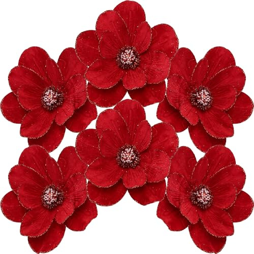 Sea Team Paquete de 6 adornos de flores artificiales de Navidad, magnolia de tela flocada con purpurina, decoraciones florales para árbol de Navidad, corona, guirnalda, 10 pulgadas, color rojo