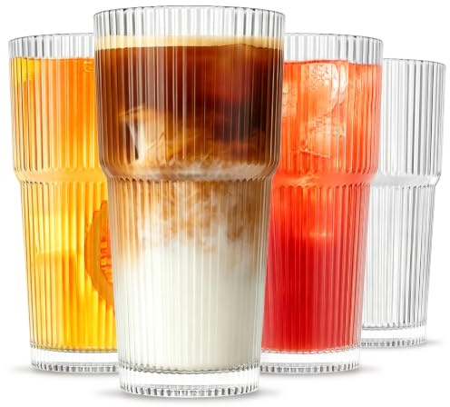 INSETLAN 20oz Ribbed Glass Tumbler Set of 4 – Large Capacity Drinking Glasses for Iced Coffee, Water, Juice, and Cocktails – Elegant Modern Glassware for Everyday Use and Special Occasions