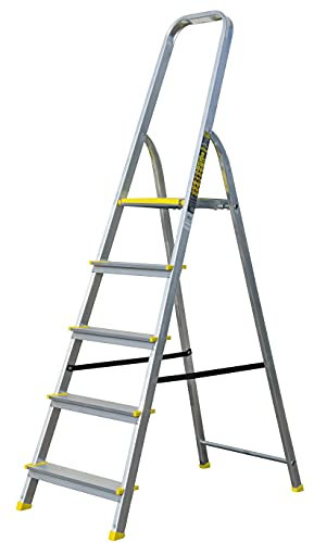 Bayersystem BS-DA5 120 - Scala a 5 gradini, scala in alluminio, portata fino a 120 kg, altezza massima di lavoro 2,99 m, scala pieghevole con corrimano, piedini antiscivolo, per casa, colore: