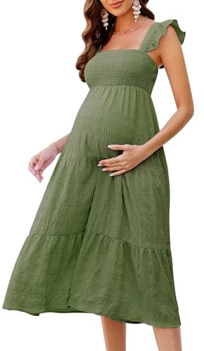 KOJOOIN Damen Maternity Dress Summer Sleeveless Smocked Square Neck Ruffle Casual Boho Midi Dress Baby Shower Photoshoot Lässiges Kleid