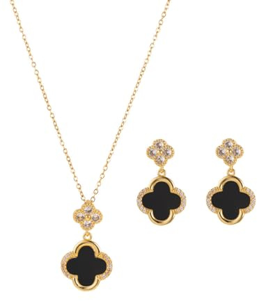 AOWVUTS Vierblättriges Kleeblatt Schmuckset für Damen und Mädchen 18K Vergoldet Vierblättriges Kleeblatt Halskette Ohrringe Hängend Set mit Zirkonia Vierblättriges Glücksklee Schmuckset