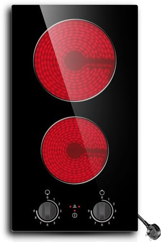 Built-in 2 Ring Ceramic Hob with Knob, STARCHARTS Dual Rings Electric Hob with 13amp plug and play, Easy use, 9 Power Levels, Safety Residual Heat Indicator, Compact size for small kitchen