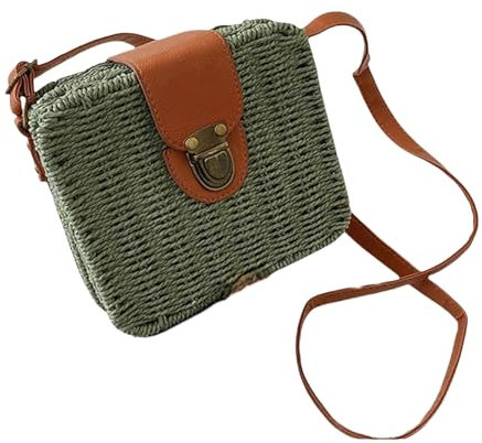 DuomaiJJ Strohtasche Sommer -strohbeutel Für Frauen Handgefertigte Umhängetasche Kleine Runde Tasche Urlaubsbeutel Einkaufsbeutel-grün-18x7x17cm