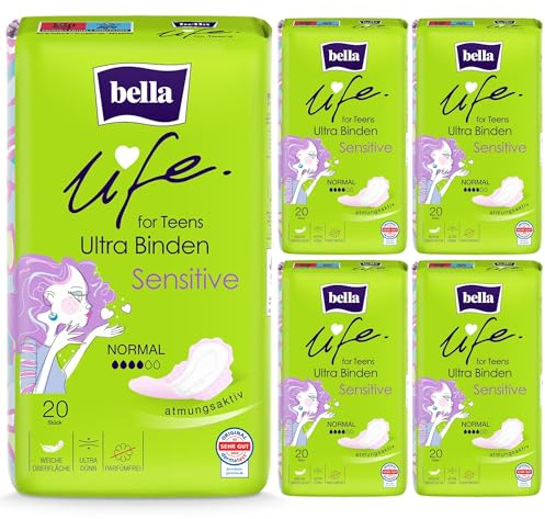 bella life for teens Ultra Binden Sensitive Normal | dermatest: SEHR GUT | ultradünne Binden für Teenager im 5er Pack (5 x 20 Stück) | mit Flügeln und parfümfrei