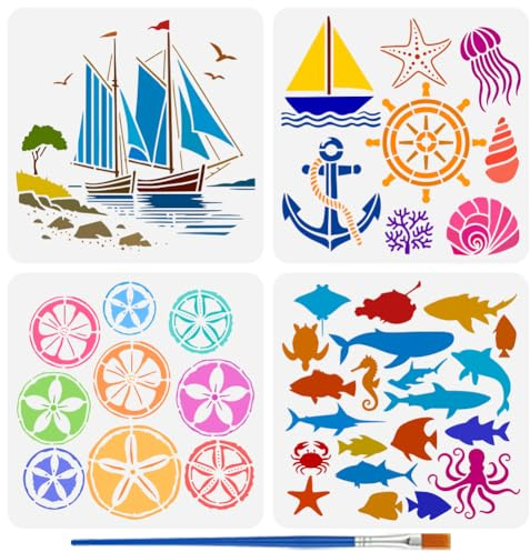 FINGERINSPIRE 4 Stück Meereslebewesen Schablonen Zum Malen Mit Pinsel 30x30cm Fisch Silhouette Vorlage Ausgehöhlte Boot Seestern Anker Schablone Kunststoff PET Ozean Themenvorlage Für Wanddekoration
