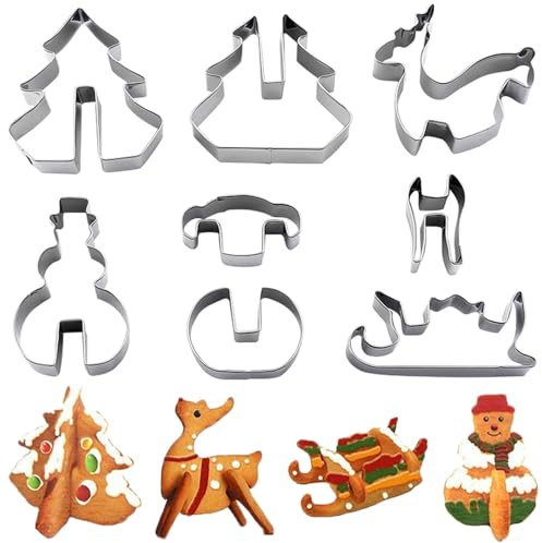 UTXN Set de 8 emporte-pièces de Noël, ustensiles de cuisson en acier inoxydable 3D avec design emboîtable, sapin, bonhomme de neige, renne, traîneau pour activités de pâtisserie en famille