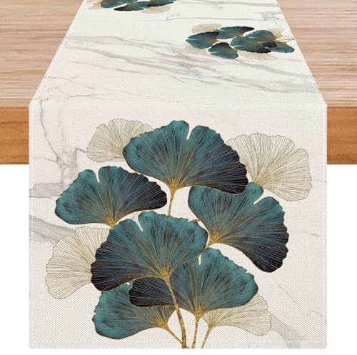 Avalune Tischläufer Modern Winter Grün Blätter Leinenoptik Läufer Tisch Gold Ginkgo Biloba Marmor Textur Frühling Abwaschbar Outdoor Table Runner für Urlaub Party Küche Tischdeko 40x180cm
