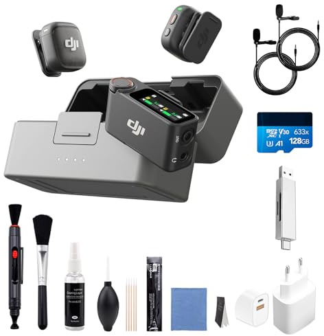 DJI Mic 3 (2 Sender + 1 Empfänger + Ladeschale), Funkmikrofon für iPhone/Kamera/Android, Ultraleicht, ausgewogene Lautstärke, 28H, Vlog (Ladestecker+SD Card+Reinigungsset+2X 3,5mm Kabel)