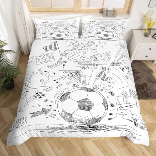 Funda Nordica Cama 80/90 Balón de Fútbol 3D Ropa de Cama Microfibra Suave Dibujos en Blanca y Negra Funda de edredón 150x200 cm con Cremallera y 2 Funda de Almohada 50x75 Adecuado Juvenil E.477