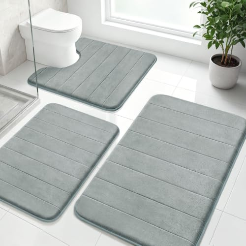 wiipara Badezimmerteppich Set 3 Teilig, Badteppich & WC Vorleger Hellgrau | Dicker Memoryschaum, Rutschfeste Badvorleger, Saugfähig, Waschbar, Schnelltrocknend für Bad, Modern Badematte