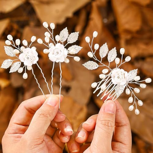 IYOU Peine para novias Flor plateada Horquillas para novias Perlas Accesorios para el cabello para damas de honor para mujer (paquete de 3)