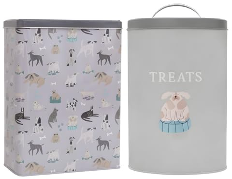 YöL Set of 2 Pet Treat Storage Tins with Lids Grey Dog Print Design Durable Metal Containers in Two Sizes for Biscuits Chews Training Rewards Kitchen Pet Feeding Storage Organiser