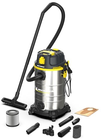 Michelin HP30PRO Aspirador Industrial 30L 1400W - Seco y Húmedo - Depósito INOX - Vibración Mecánica Filtro - Drenaje Líquidos - Cable 4m