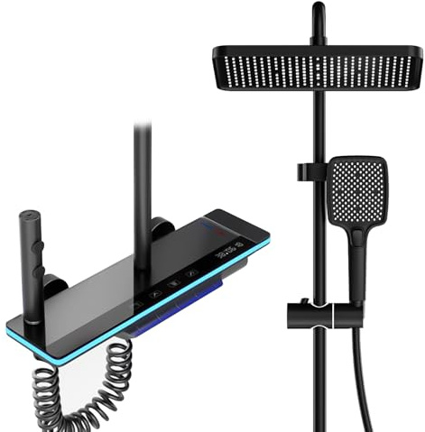 YJYAJIE Regndusch med kran, duschsystem med 30 x 20 cm regndusch, handdusch, dolt badutlopp, digital LED-skärm, justerbar höjd och booster duschpistol för badrummet