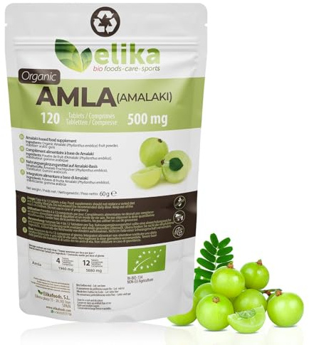 Amla Elikafoods® ORGÁNICA. 120 comprimidos de 400mg. Fortalecimiento y brillo de cabello y piel. Gran cantidad de Vitamina C, minerales y antioxidantes. Vegana y sin gluten. Fácil ingestión.