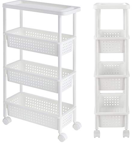[en.casa] Carro rodante - Blanco - 100 x 22 x 48 cm - Estante de la Cocina - Carrito con Ruedas - Cesta de Almacenamiento
