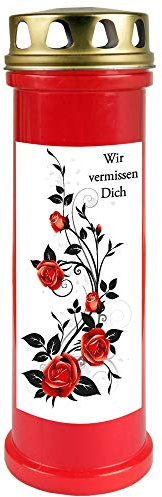 HS Candle Grablicht (Rot) Grabkerze ca. 100h Brenndauer / 4-Tage Brenner - Motiv: Rose Ranke, in vielen Varianten