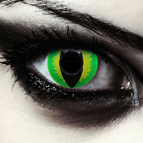 DESIGNLENSES lentilles de couleur vert pour halloween costume de serpent, 1 paire (2 pcs), yeux de chat sans correction + étui à lentilles Green Dragon
