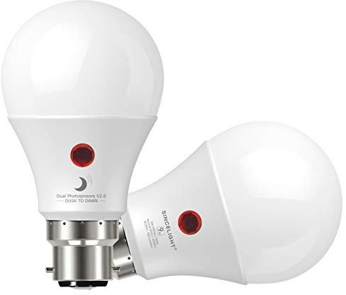 SINCELIGHT - Bombillas LED con sensor crepuscular (Encender y apagar automático) • 9 Vatios • Blanco Natural 4000 Kelvin • Bayoneta B22 • 900 lúmenes • Paquete de 2 Bombillas