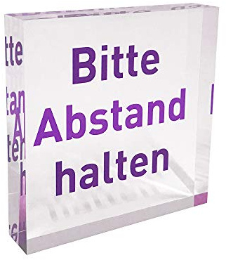 transparenter Acrylblock als Infoständer, Hinweisaufsteller mit Aufdruck „Bitte Abstand halten“ in der Farbe Purple (lila), Infoaufsteller aus original PLEXIGLAS