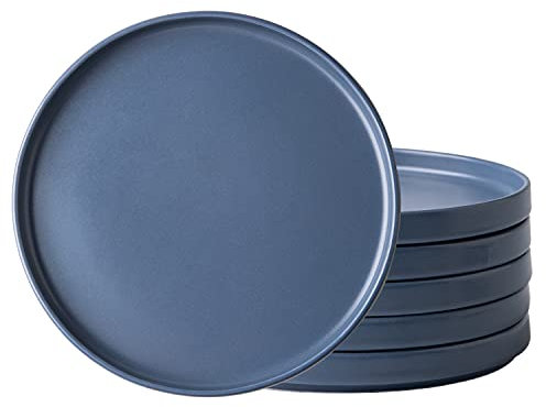 AmorArc Juego de 6 platos llanos de cerámica mate de 10.0 pulgadas para cocina, juego de vajilla plana moderna, aptos para microondas y lavavajillas, resistentes a los arañazos, azul mate