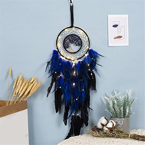 RAILONCH Boho Blau Feder Traumfänger Handgemachte Dreamcatcher mit LED Licht Vintage Dream Catcher für Kinder Wandbehang und Wohnkultur Hochzeit Ornamente (Mit Licht)