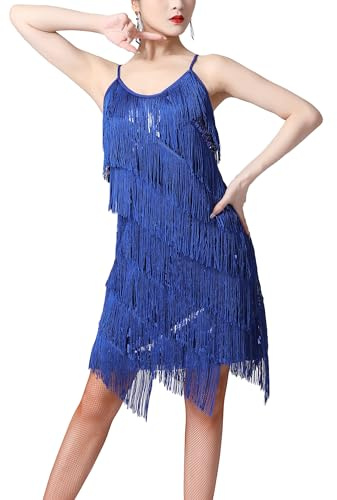 inhzoy Vestido de Baile Latino Lentejuelas para Mujer Vestido Flapper con Flecos de Lentejuelas Salsa Tango Salón de Baile Traje de Samba Chacha Disfraz Fiesta Dancewear Royal Blue A XXL