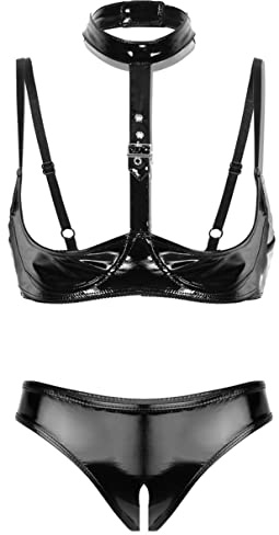 inhzoy Damen Wetlook Dessous Set Ouvert Leder Latex Offene Hebe BH Bra Slip Set Erotische Reizwäsche Typ_B_Schwarz M