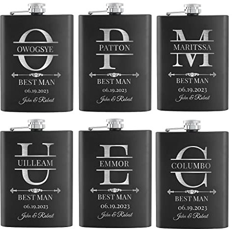 Lot de 6 flasques personnalisées en acier inoxydable de 236,8 g avec coffret cadeau en option pour meilleurs hommes, mariés, pères, garçons d'honneur personnalisés pour mariage, enterrement de vie de