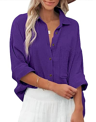 Zitiki Chemisier pour Femme en Coton - Chemise décontractée - Col en V - Manches Longues - Élégant - Décontracté - avec Poches Poitrine