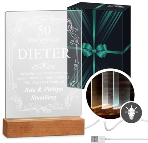 Maverton beleuchteter LED-Rahmen mit Holzständer - personalisiertes Acryl Glasbild mit eigenem Foto mit LED-Beleuchtung - Glasfoto für Männer zum Geburtstag - Größe: 15x24x4,5cm - 50. Geburtstag
