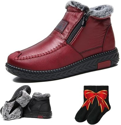 Botas de piel de algodón antideslizantes impermeables para mujer, botas de nieve con forro de piel de felpa con cremallera, Red, 38 EU