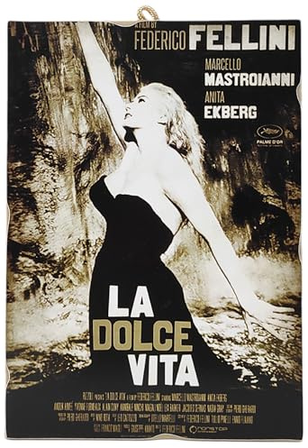KUSTOM ART Quadro Serie Locandine Film Celebri La Dolce Vita con Mastroianni e Ekberg Laser Stampa su Legno MDF 25x18 cm