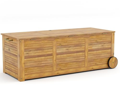 GYMAX Baule da 182 Litri con Ruote, Carico 150 kg, Cassapanca da Giardino in Legno di Acacia con 2 Ruote, Maniglia Laterale e Copertura Impermeabile, Naturale