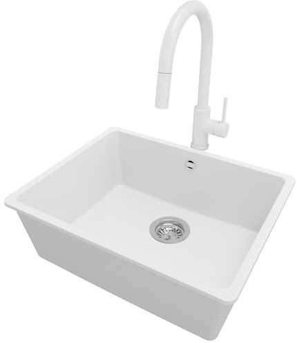 PRIMAGRAN Fregadero bajo Encimera al Mueble 60cm + Grifo, 56x44cm | Set: Grifo BW9010 + Kit de desagüe (sifón, válvula, rebosadero) + Venecia Easy 1 Seno Granito, Blanco