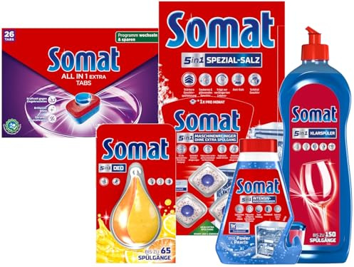 SOMAT Tabs 26 AW all in 1 Extra, Geschirrspül Tabs für Sauberkeit, bekämpft eingetrocknete Rückstände + Klarspüler + Intensiv-Maschinenreiniger + Spezial-Salz + Deo Perls + Maschinenreiniger