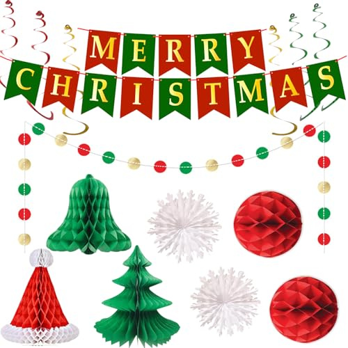 MOLHEM Christmas Decorations Set,Paper Christmas Decorations,Reusable Merry Xmas Paper Banner Indoor Decoration for Home, Indoor Vintage Honeycomb Xmas Room Decor