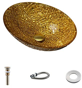 XUNTING Bathroom Sink Vessel Bathroom Vessel Sinks Galvanized Tempered Glass Wash Basin Home Oval Golden Glass Basin Sink Wash Basin Vessel Sink(B)
