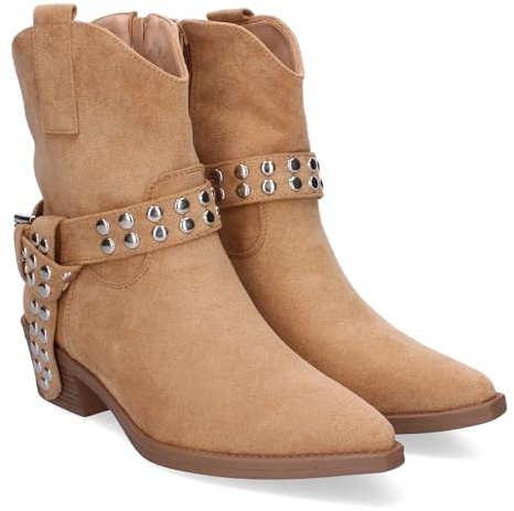 86209 Botin de Tacon para Mujer Estilo Campero, Comodas y Elegantes con Hebilla Decorativa y Tachuelas, Diseno Moderno y Versatil. Beige Talla 36
