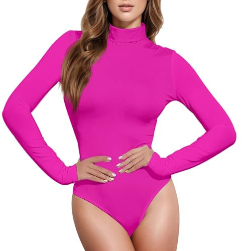 CHIFIGNO Body da donna Dolcevita Misty Rose Manica Lunga Tuta Donna, Fucsia, Small