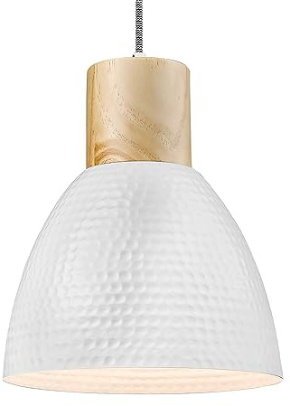 ELYONA Pendelleuchte Weiß Gehämmert, Ø 26 cm Skandinavische Hängelampe aus Massivholz & Metall, Modern Hängeleuchte für Esstisch, Küche, Esszimmer, Schlafzimmer & Bar, Nordisch Landhausstil