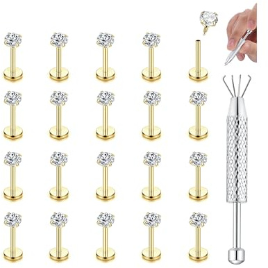 CASSIECA 20 st 16 g labret piercingsmycken, 316L kirurgiskt stål, labret, dubbar med CZ boll, 3 mm tragus, örhängen, helix brosk, näsa piercing smycken i silver och guld, vertikal labret 6/8/10 mm
