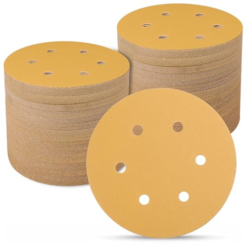 Sruhrak Discos de lija 150 mm 100 piezas, almohadilla de disco de lija de 6 agujeros 180 Grit para papel de lija para lijadora orbital