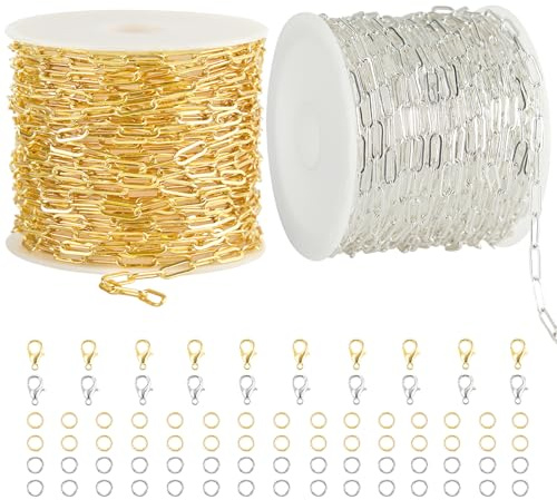 Kyutong 2 Rolls Paperclip Chain for Jewelry Making 33FT Jewelry Chain Links | Silver and Gold Chains Bulk with Lobster Clasps Jump Rings for DIY Craft Finding Jewelry Making Supplies