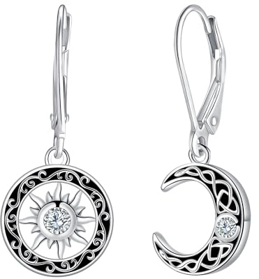 Pendientes de Sol y Luna para Mujer, Aretes Colgantes Largos de Plata 925 Hipolergénicos, Joyería Elegante para Regalo de Cumpleaños
