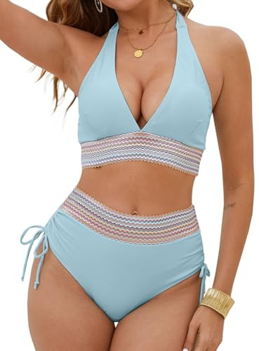 CheChury Maillot de Bain Femme 2 Pieces Col en V Bikini Set Deux Pièces Maillot de Bain Push Up Bikini Taille Haute Maillots Deux Pièces Ventre Plat Halter Bikinis Femme 2 Pieces Swimwear