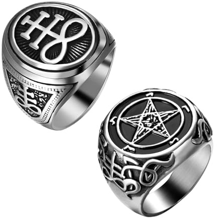 JewelryWe 2 Stück Satanische Ringe Siegelring Herren Edelstahl Herren-Ring Leviathan Kreuz Pentagramm Baphomet Ziegenkopf Fingerringe Luzifer Satan Teufel Symbol Gothic Schmuck Silber Männer